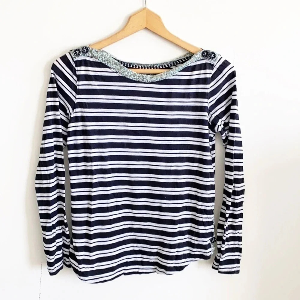 Anthropologie Postmark navy blue & white stripped boat neck top w/ floral trim